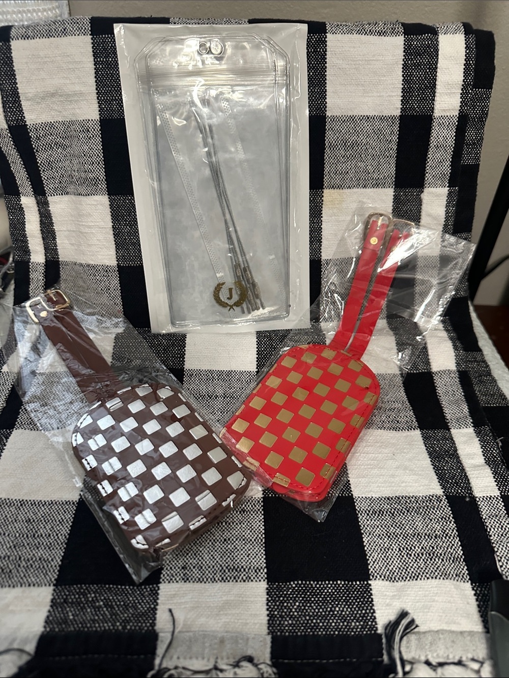 4 Woven Luggage Tags - Red and Brown and a 4 piece set of clear tags NWT